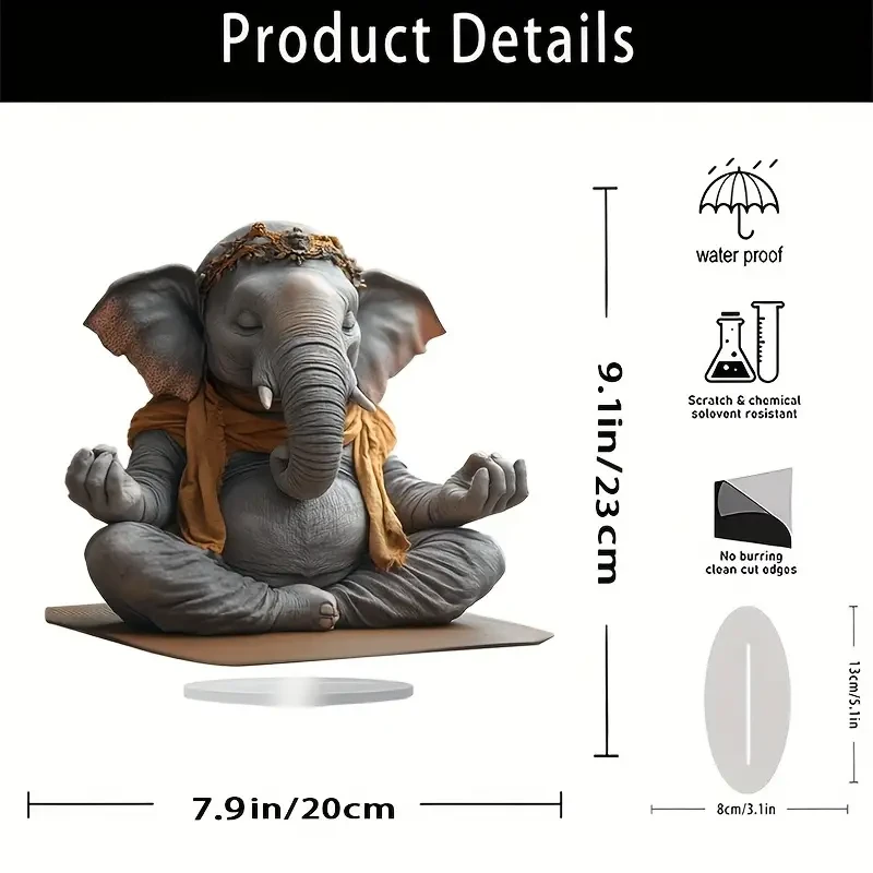 Estatua de meditación de elefante, soporte de exhibición de escritorio acrílico de 25 x 20 cm, estilo bohemio, decoración multiusos para el hogar y la oficina, regalo perfecto de Navidad, sin texto, para sala de estar, cocina y porche.