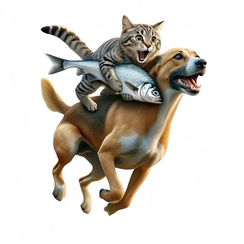 Calcomanía de vinilo autoadhesiva impermeable de alta calidad con un divertido gato montando a un perro.