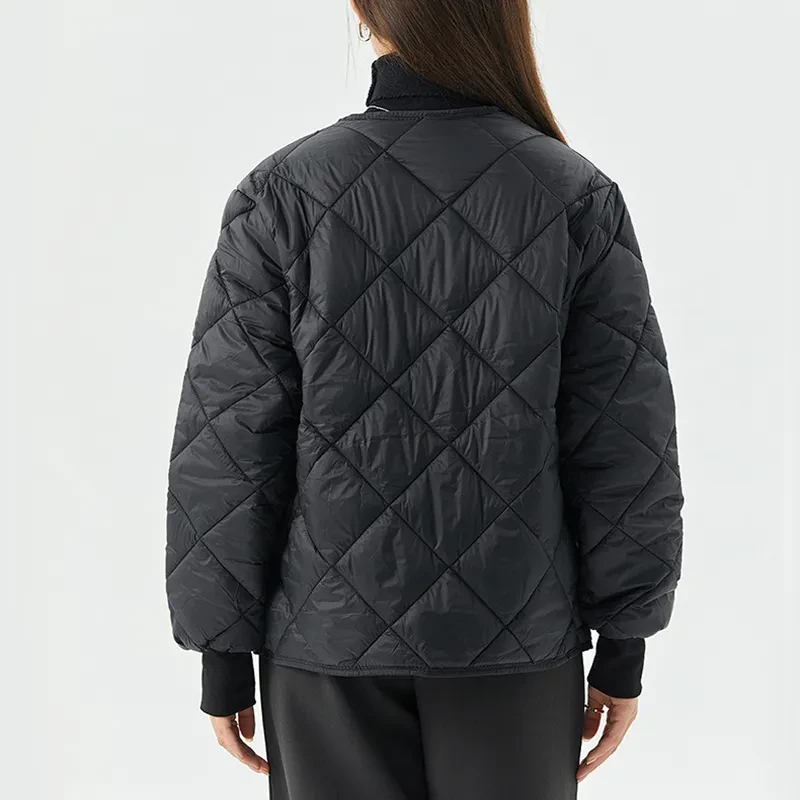 Abrigo de algodón con rombos para mujer, chaqueta cálida de cuello redondo con bolsillos, ligera, para invierno