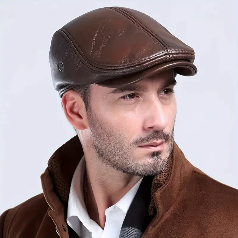 Gorra de vendedor de periódicos de piel de vaca auténtica para hombre