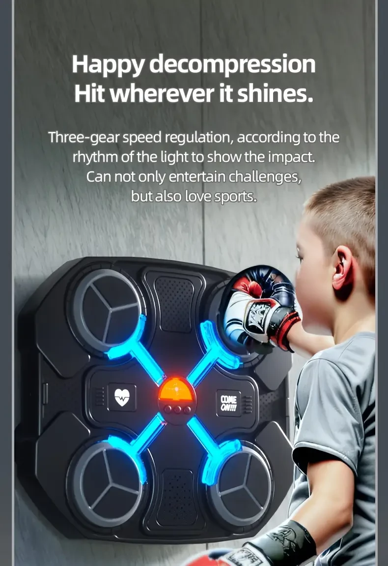 Objetivo interactivo de boxeo para entrenamiento de reflejos con luces LED dinámicas, música inalámbrica y plástico resistente. Juego de puñetazos para niños de 3 a 8 años. Mejora la coordinación y el ritmo. Divertido equipo de ejercicio.