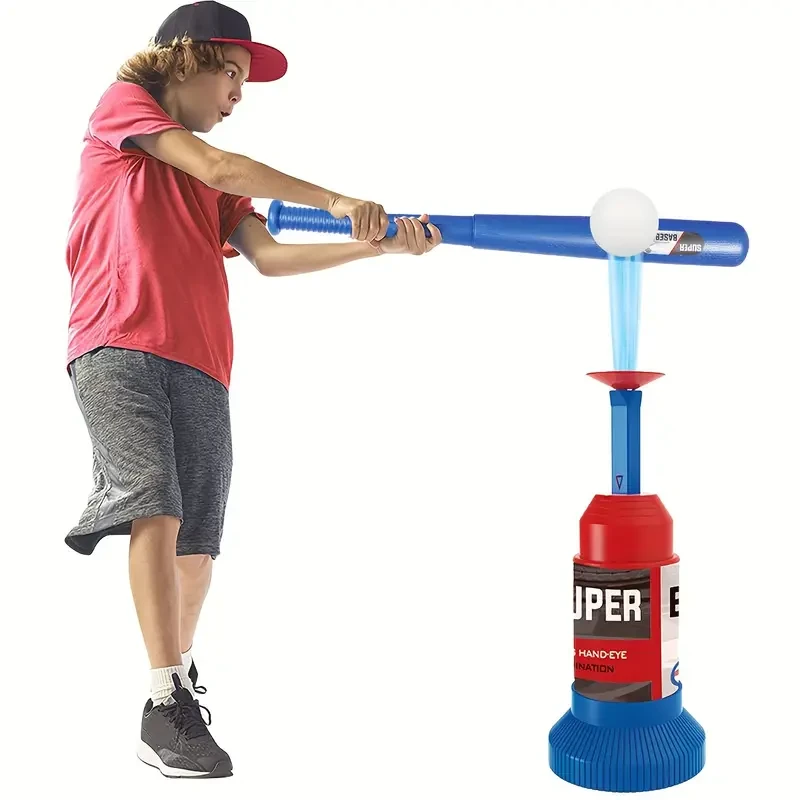 Juego de béisbol para niños, 1 bate ajustable y 1 lanzador de pelotas con 3 pelotas, ideal para viajes familiares en interiores y exteriores, ideal para Acción de Gracias o Navidad, azul, material PP.