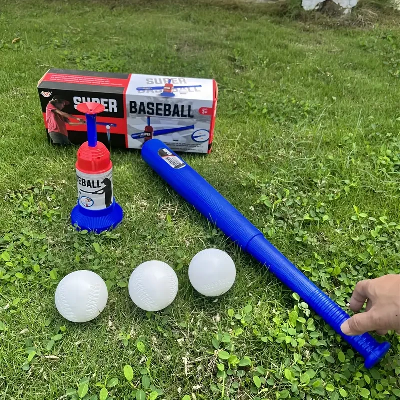 Juego de béisbol para niños, 1 bate ajustable y 1 lanzador de pelotas con 3 pelotas, ideal para viajes familiares en interiores y exteriores, ideal para Acción de Gracias o Navidad, azul, material PP.
