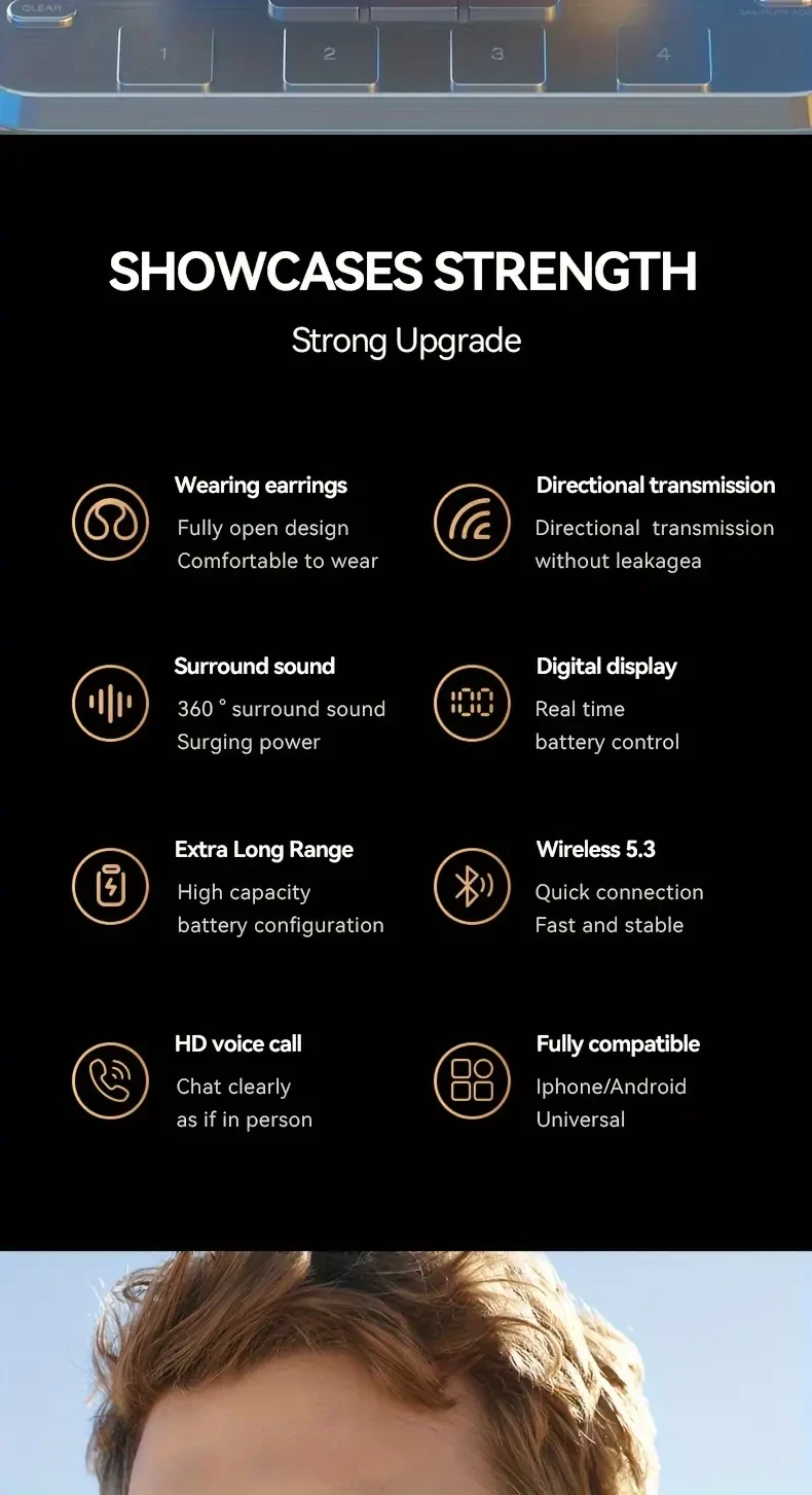 Auriculares inalámbricos Earclip con voz de alta definición, pantalla digital tipo espejo, sonido de alta fidelidad, alta potencia, funcionamiento táctil automático, conducción ósea indolora, indicador de carga, no son intraaurales.