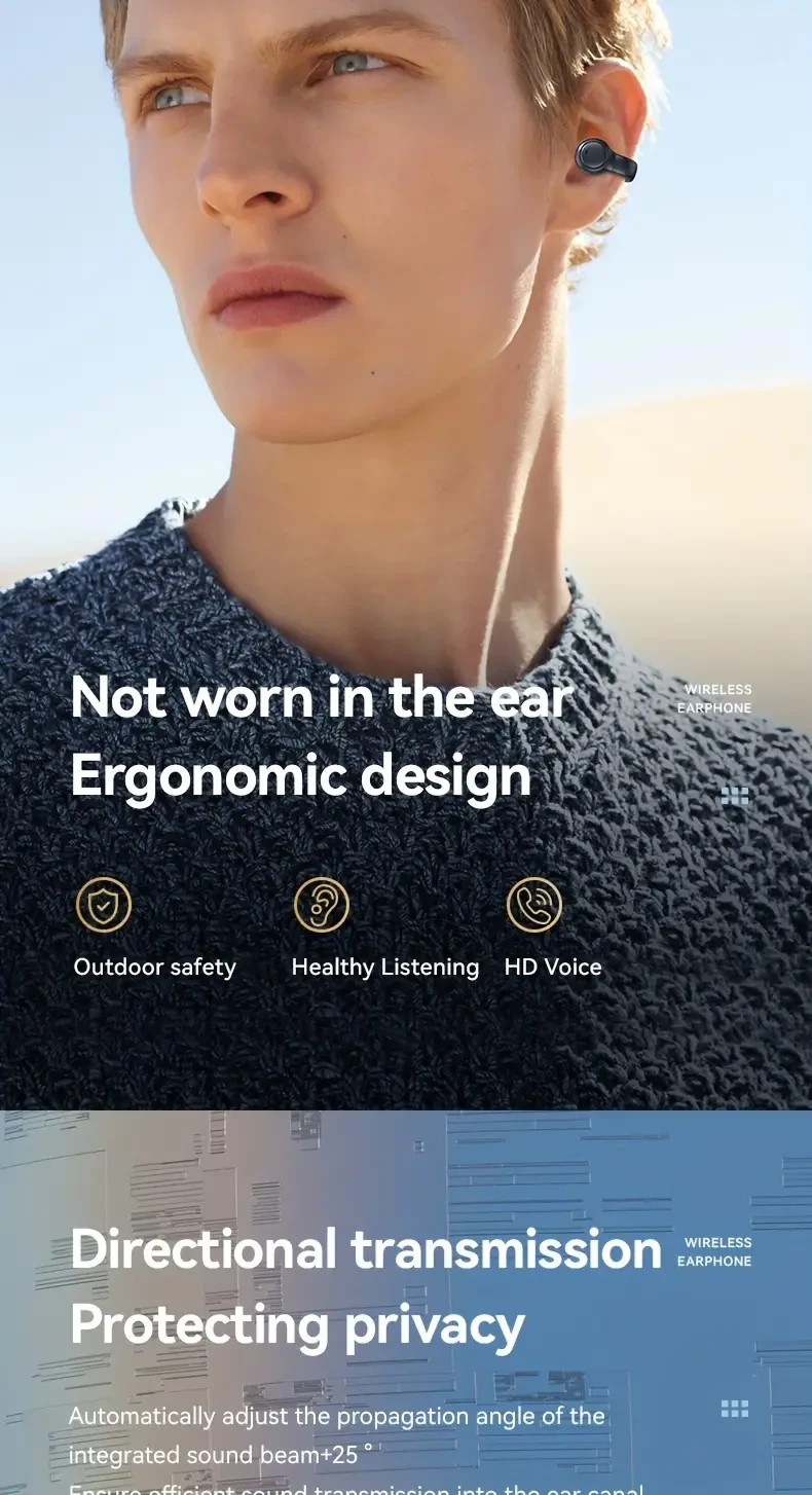 Auriculares inalámbricos Earclip con voz de alta definición, pantalla digital tipo espejo, sonido de alta fidelidad, alta potencia, funcionamiento táctil automático, conducción ósea indolora, indicador de carga, no son intraaurales.