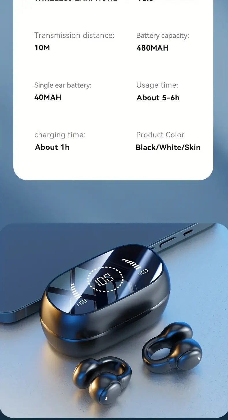 Auriculares inalámbricos Earclip con voz de alta definición, pantalla digital tipo espejo, sonido de alta fidelidad, alta potencia, funcionamiento táctil automático, conducción ósea indolora, indicador de carga, no son intraaurales.