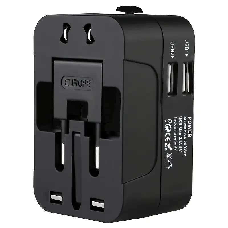 Adaptador de viaje universal todo en uno, con enchufe de pared de CA y cargador de pared con dos puertos USB.
