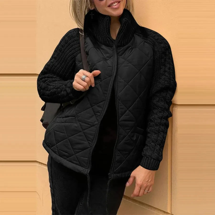 Chaqueta de algodón con cuello alto y bolsillos, abrigo de punto con cremallera y costuras a la moda, abrigo cálido de invierno para mujer