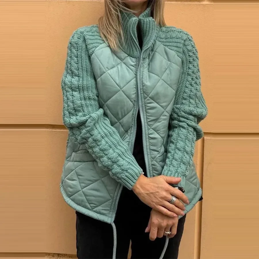 Chaqueta de algodón con cuello alto y bolsillos, abrigo de punto con cremallera y costuras a la moda, abrigo cálido de invierno para mujer