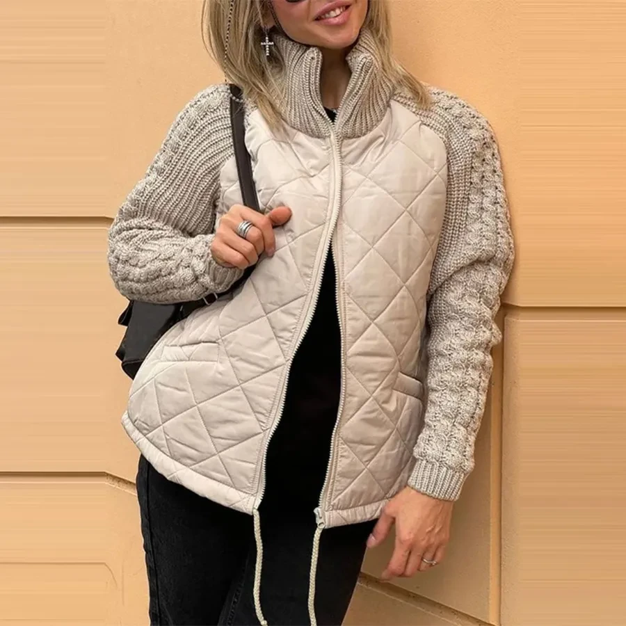 Chaqueta de algodón con cuello alto y bolsillos, abrigo de punto con cremallera y costuras a la moda, abrigo cálido de invierno para mujer