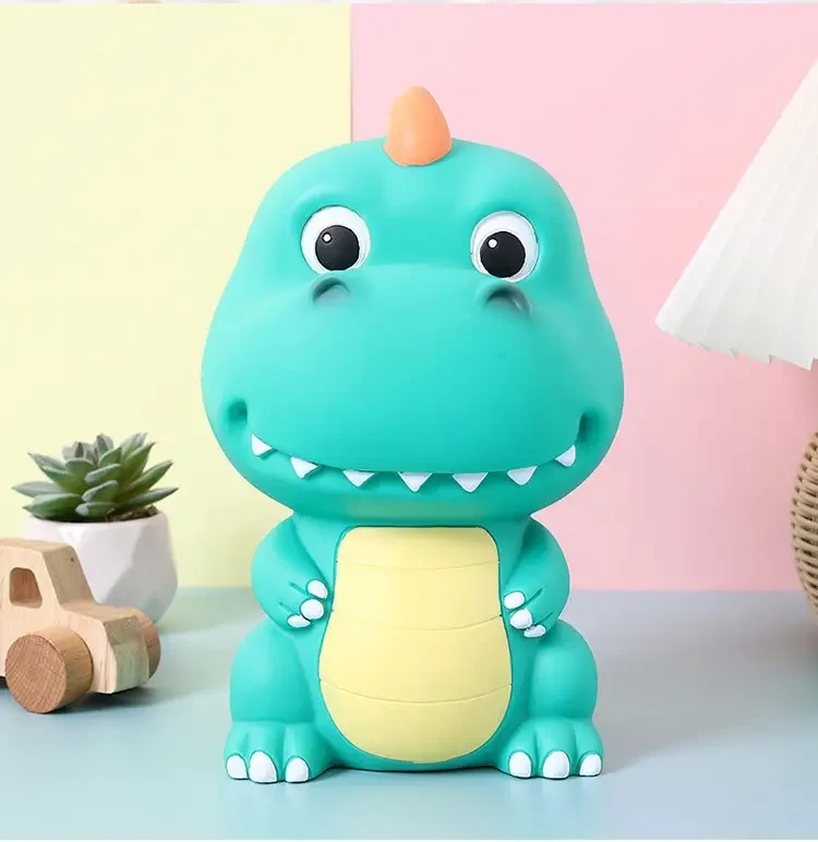 Alcancía de dinosaurio divertida - PVC resistente, azul - Juguete creativo para ahorrar dinero para niños