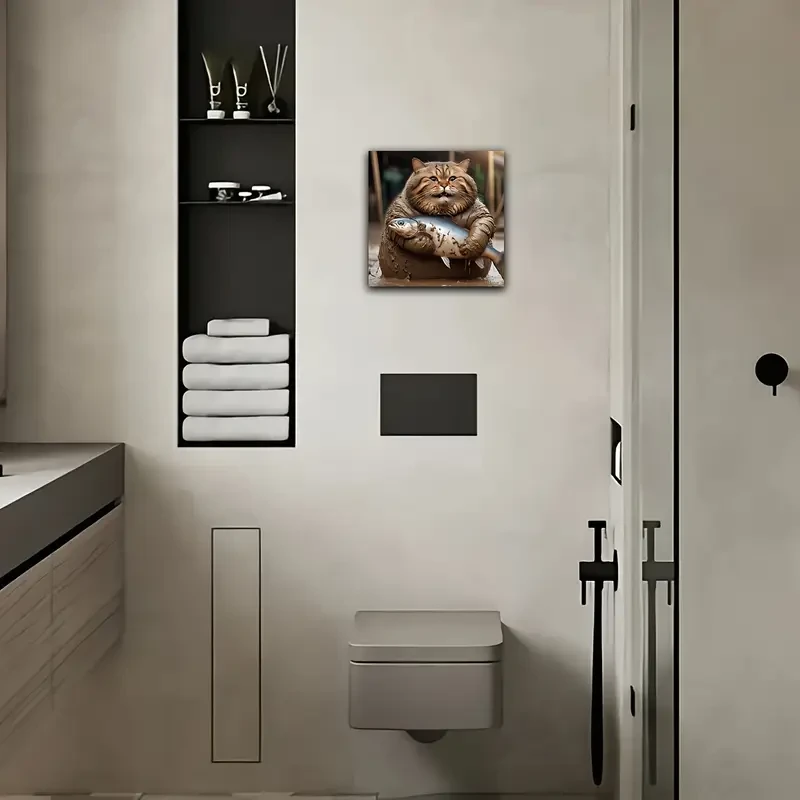 Póster artístico divertido de un gato grande atrapando un pez