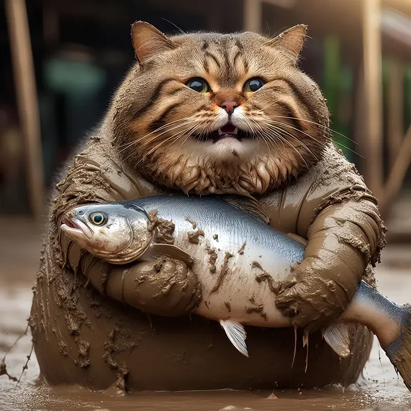 Póster artístico divertido de un gato grande atrapando un pez