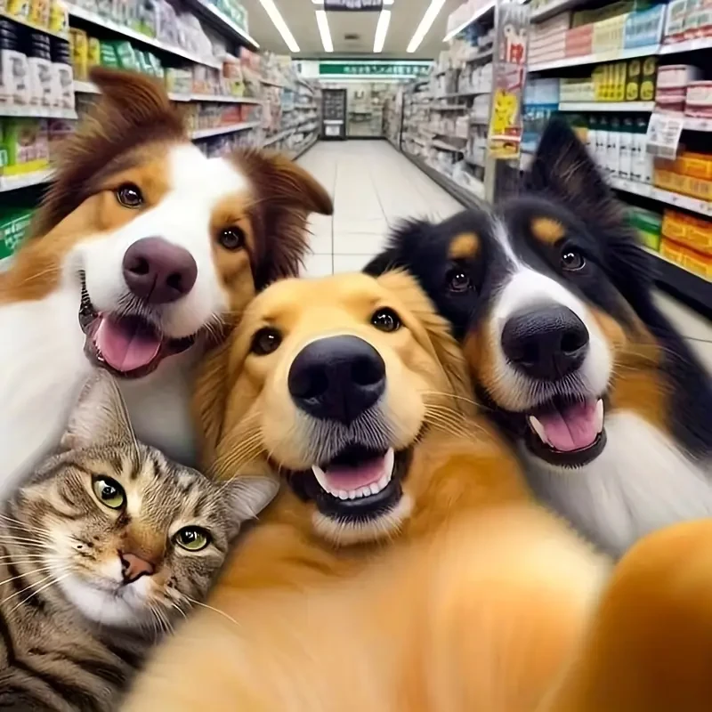 Selfie de perros con temática de gato - Diamante redondo perforado