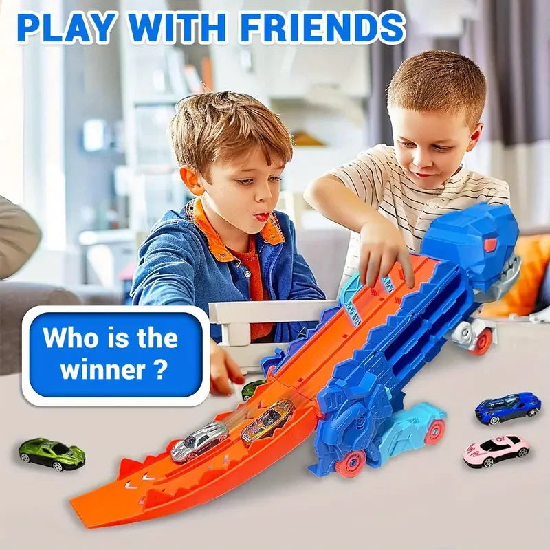 Camión de transporte de dinosaurios con pista de carreras plegable y coches de juguete. Juego de vehículos de fricción para niños de 3 a 6 años. Juego de carreras interactivo con eyección. Construcción ABS duradera.