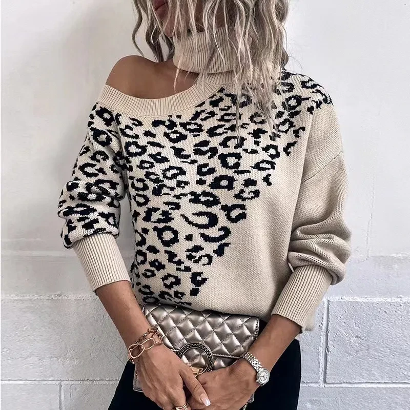 Suéter de manga larga con hombros al descubierto para mujer, con estampado de leopardo y tachuelas, para otoño e invierno.