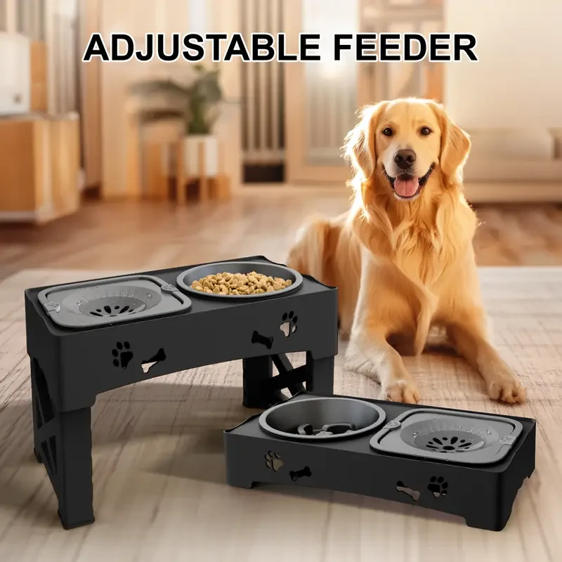 Comedero elevado para perros con tazón de alimentación lenta: 5 alturas ajustables, soporte antideslizante para proteger el cuello, cuencos antiderrames para agua y comida, aptos para perros y gatos pequeños y grandes.