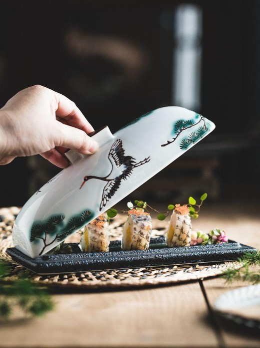 Plato de cerámica con tapa para presentación de aperitivos creativos de sashimi