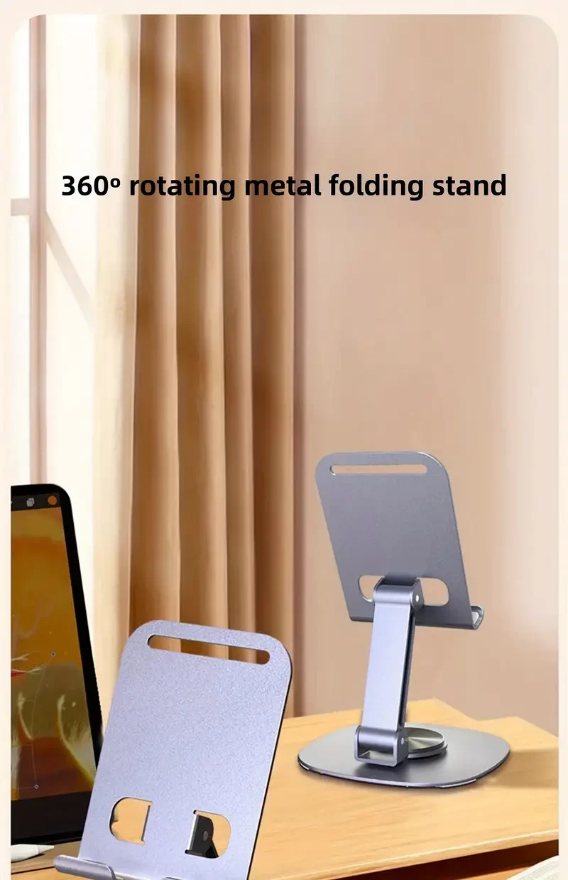 Soporte metálico giratorio de 360 grados para teléfono: compacto, plegable y portátil, ideal para escritorio, smartphones y tablets. Accesorio ideal para la oficina.