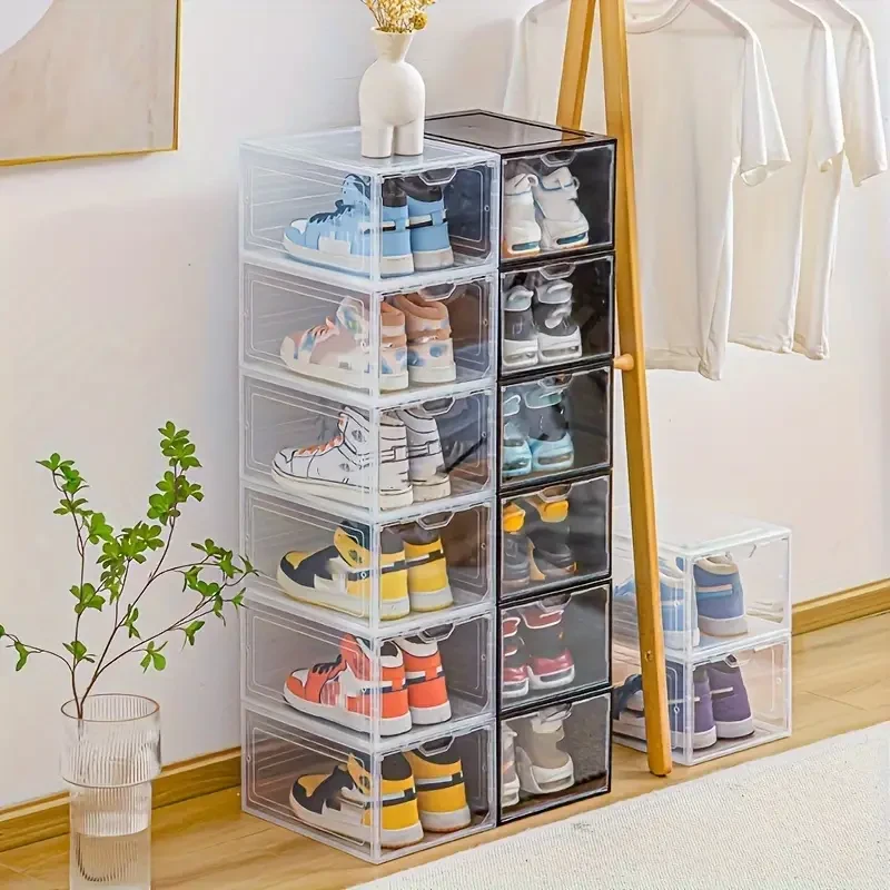 Caja de zapatos de plástico con puerta magnética (6 unidades), organizador de almacenamiento para dormitorio, baño, oficina, entrada, pasillo, armario, hogar y dormitorio.