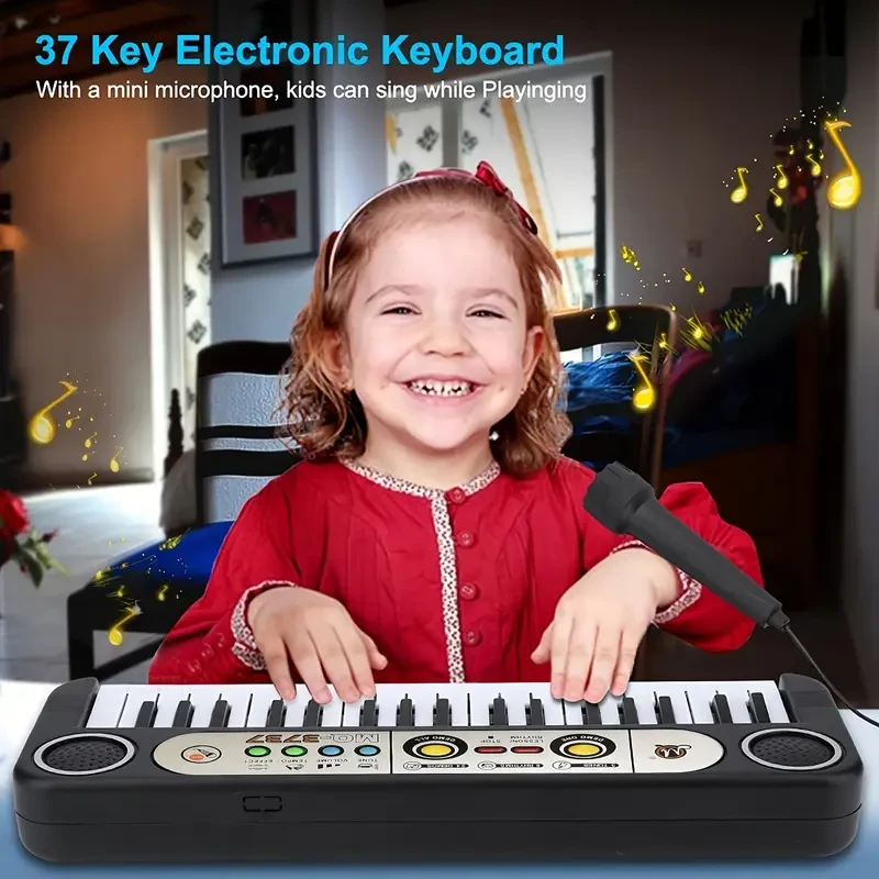 Piano electrónico de 37 teclas con micrófono para niños: regalo musical educativo perfecto para Navidad y Acción de Gracias, color negro