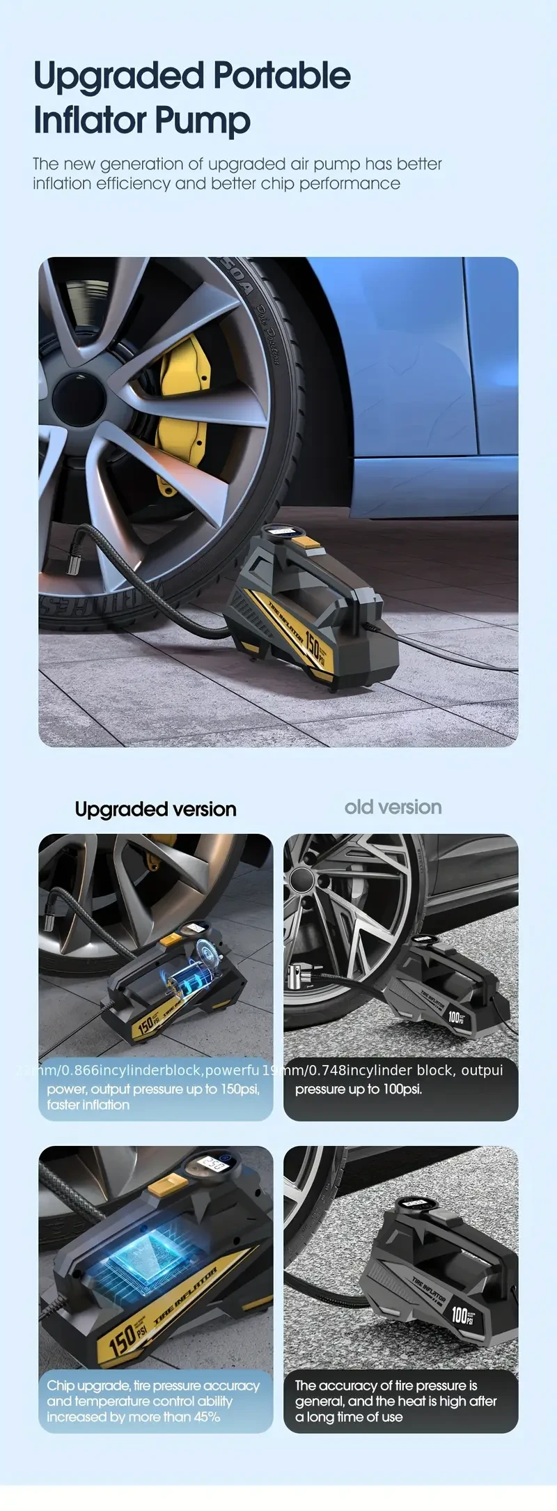 Inflador de neumáticos digital portátil Carsun - Luz LED de 12 V, bomba compresora de aire con alimentación de encendedor para autos, motocicletas y bicicletas