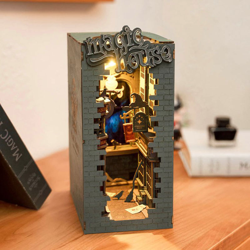 Rincón de libros de Robotime Rolife, casa de muñecas en miniatura de madera, luz para estantería, muebles