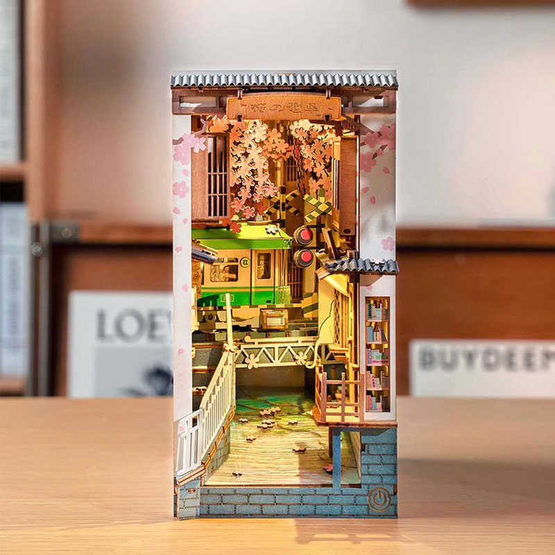Rincón de libros de Robotime Rolife, casa de muñecas en miniatura de madera, luz para estantería, muebles