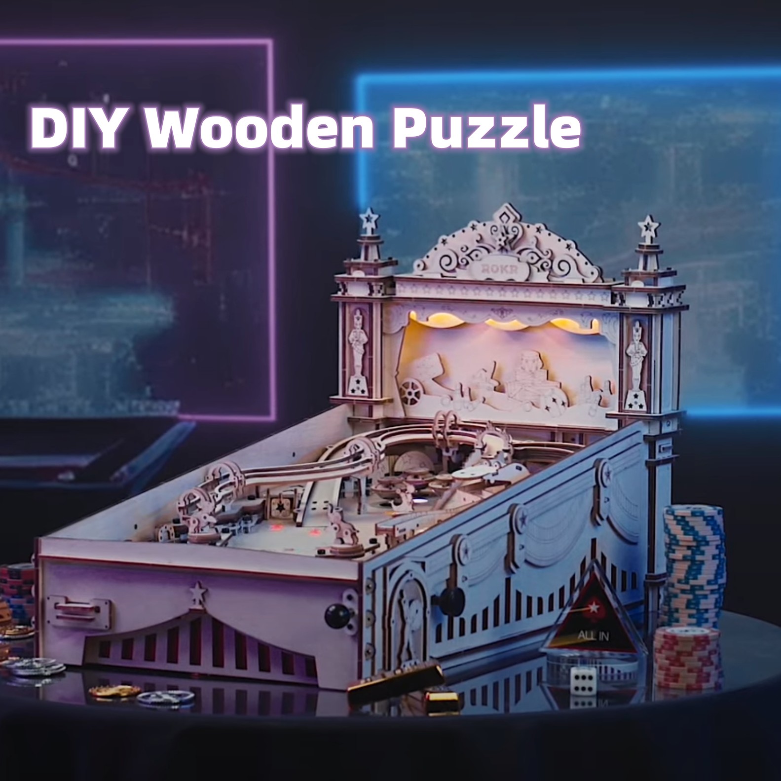 Máquina de pinball Robotime ROKR DIY, rompecabezas de madera 3D, divertido juego de mesa EG01