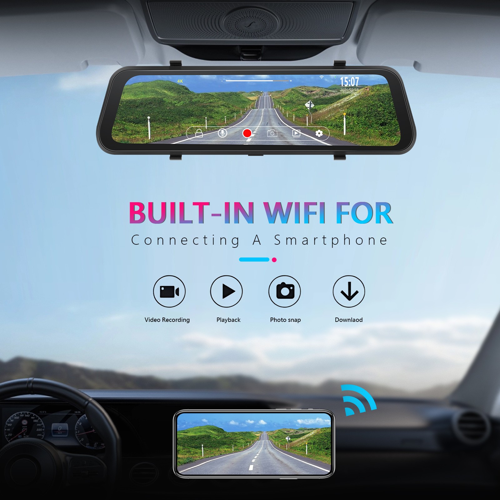 Transmisión multimedia Touch HD Cámara frontal incorporada Resolución de video 4K Espejo retrovisor