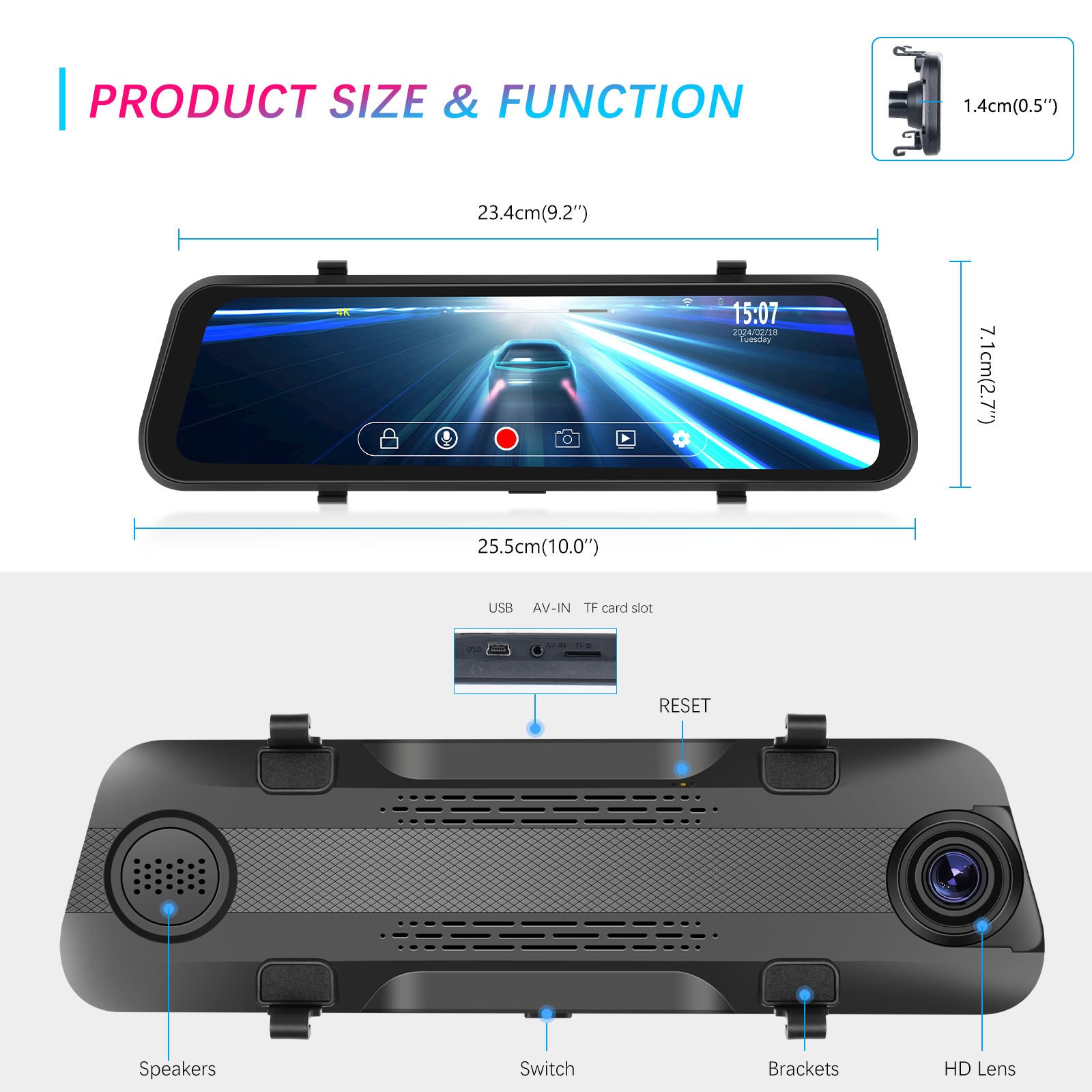 Transmisión multimedia Touch HD Cámara frontal incorporada Resolución de video 4K Espejo retrovisor