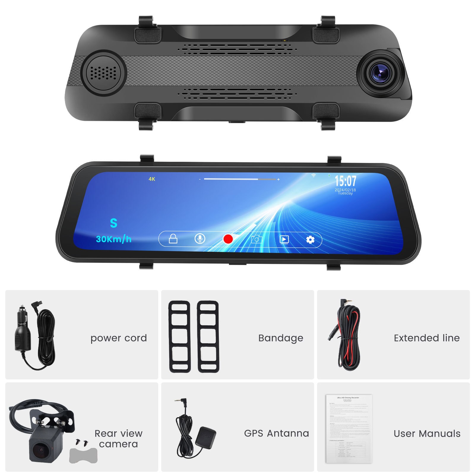 Transmisión multimedia Touch HD Cámara frontal incorporada Resolución de video 4K Espejo retrovisor