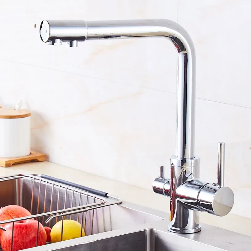 Grifo giratorio para lavabo de cocina de tubo de cobre con agua caliente y fría