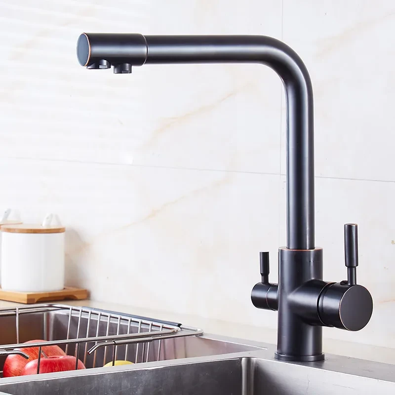 Grifo giratorio para lavabo de cocina de tubo de cobre con agua caliente y fría