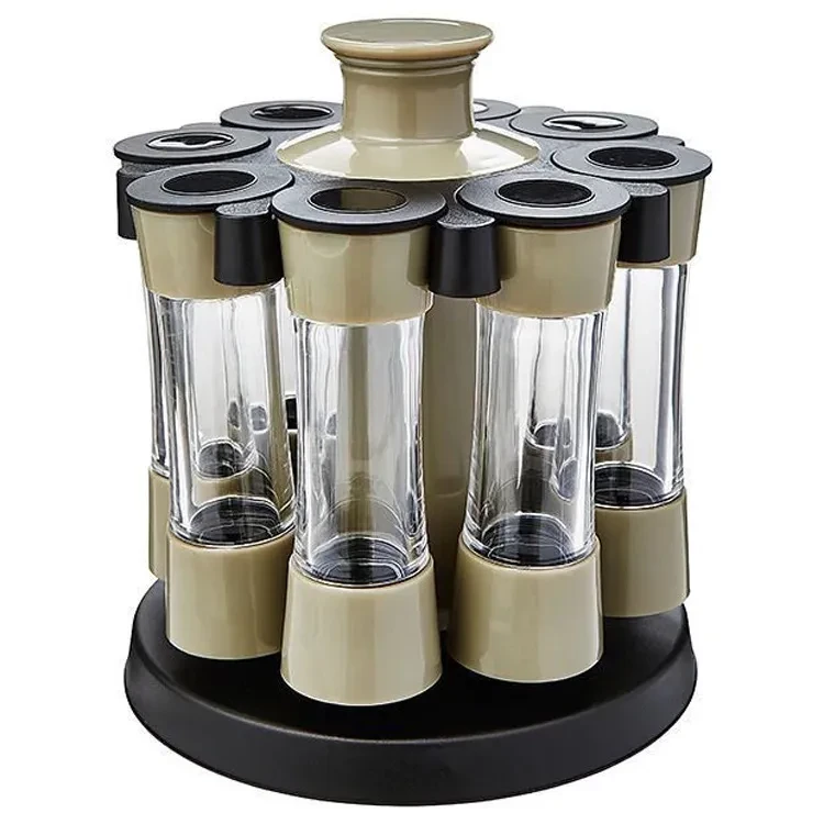 Caja de condimentos de 8 rejillas con estante giratorio y juego de botellas para condimentos de cocina
