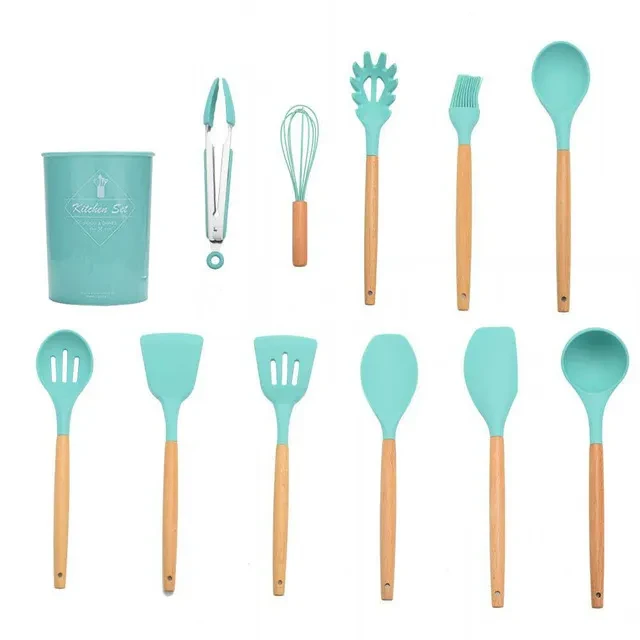 Juego de utensilios de cocina con mango de madera y caja de almacenamiento