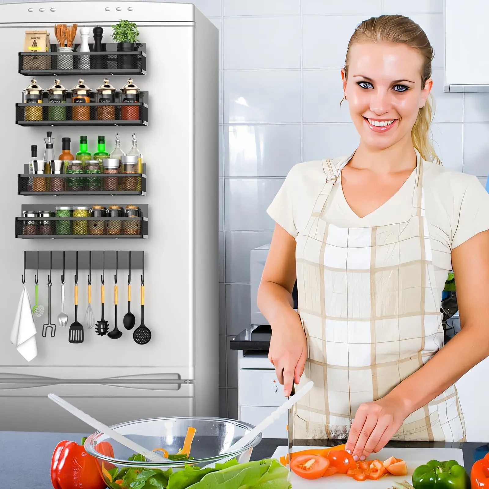 Estante de malla para refrigerador, cocina, sin perforaciones, para condimentos y salsa de soja