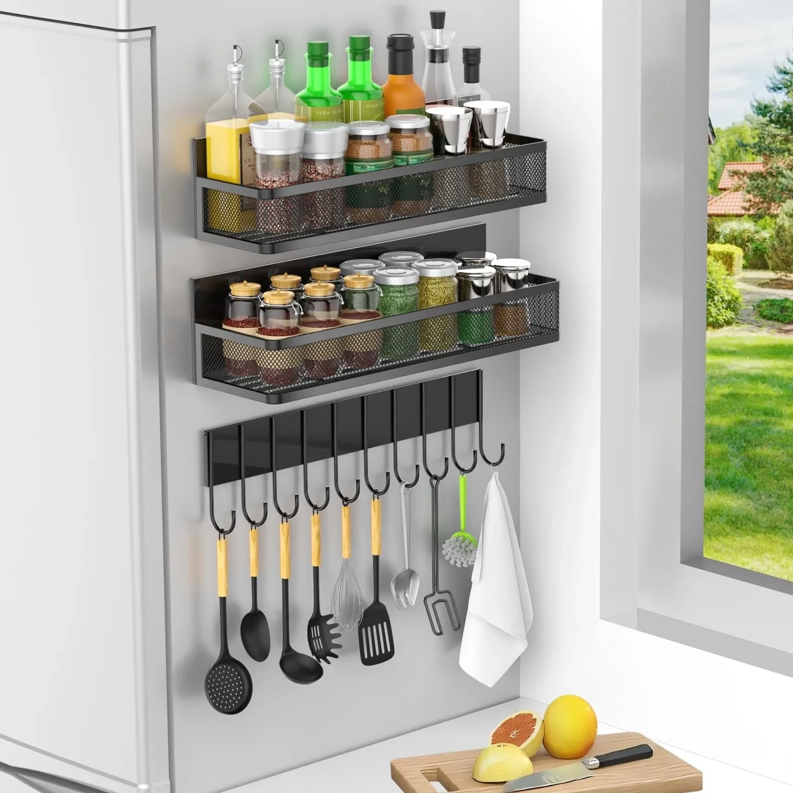 Estante de malla para refrigerador, cocina, sin perforaciones, para condimentos y salsa de soja