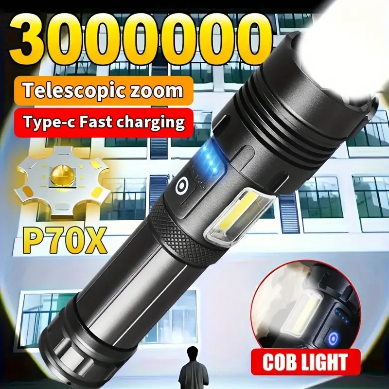 Linterna LED XHP70 de alta potencia, carga USB tipo C, zoom, telescópica, LED de 1 W+, 150-350 lúmenes, ABS, voltaje máximo de 36 V, batería de 1200 mAh, 6 modos, alcance de 200-500 m, ideal para acampada, senderismo, emergencias, reparación de vehículos