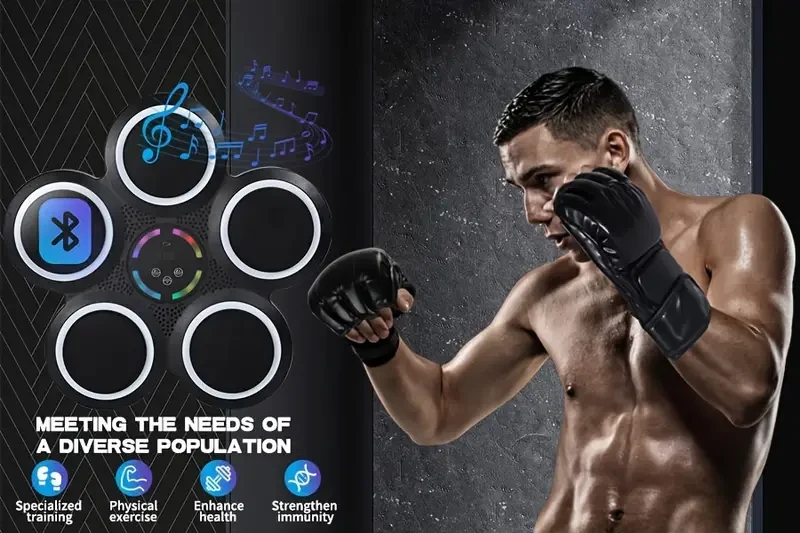 Boxeador musical inteligente de altura ajustable con 9 modos de velocidad, conexión inalámbrica de 25 m, contador LED y guantes de boxeo. Entrenador deportivo de pared.