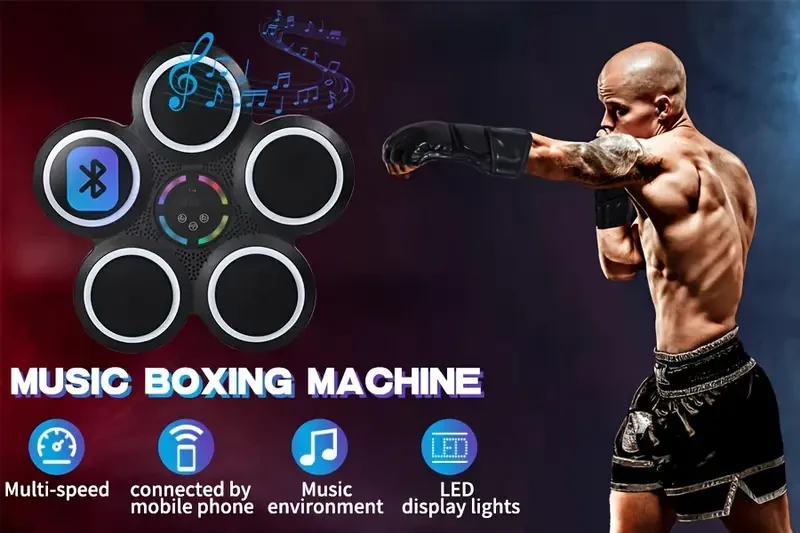 Boxeador musical inteligente de altura ajustable con 9 modos de velocidad, conexión inalámbrica de 25 m, contador LED y guantes de boxeo. Entrenador deportivo de pared.