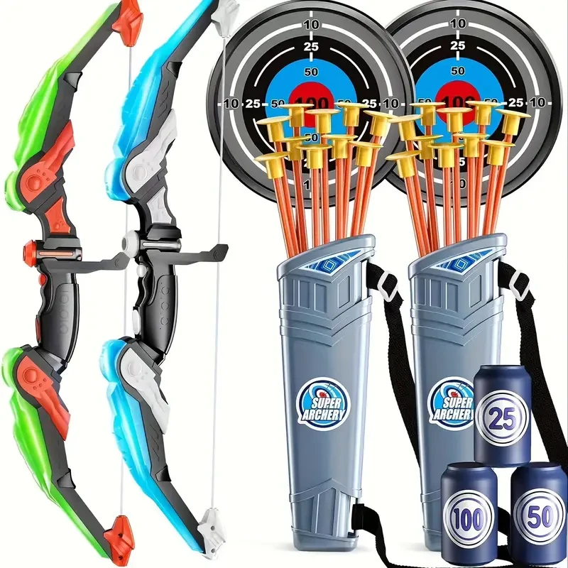 Arco y flecha iluminados para niños - Azul, kit de deportes al aire libre con dianas y accesorios