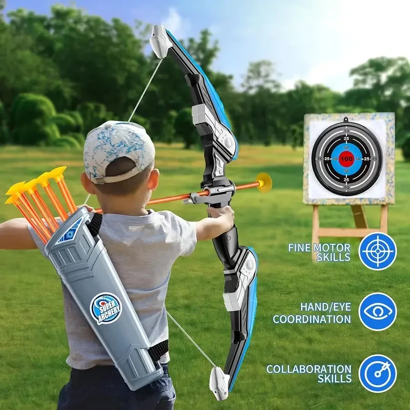 Arco y flecha iluminados para niños - Azul, kit de deportes al aire libre con dianas y accesorios