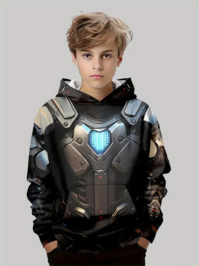 Sudadera con capucha con diseño de armadura mecánica impresa en 3D para niño. Cuello redondo informal con mangas largas. Mezcla de poliéster y elastano. Tejido ligeramente elástico. Ajuste cómodo para otoño/invierno con bolsillo delantero. Ideal para acti