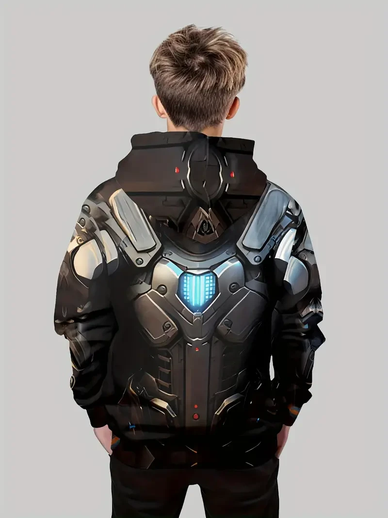Sudadera con capucha con diseño de armadura mecánica impresa en 3D para niño. Cuello redondo informal con mangas largas. Mezcla de poliéster y elastano. Tejido ligeramente elástico. Ajuste cómodo para otoño/invierno con bolsillo delantero. Ideal para acti