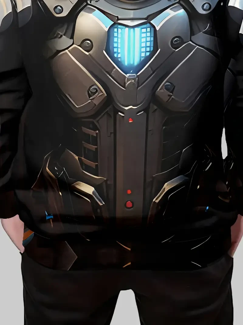 Sudadera con capucha con diseño de armadura mecánica impresa en 3D para niño. Cuello redondo informal con mangas largas. Mezcla de poliéster y elastano. Tejido ligeramente elástico. Ajuste cómodo para otoño/invierno con bolsillo delantero. Ideal para acti