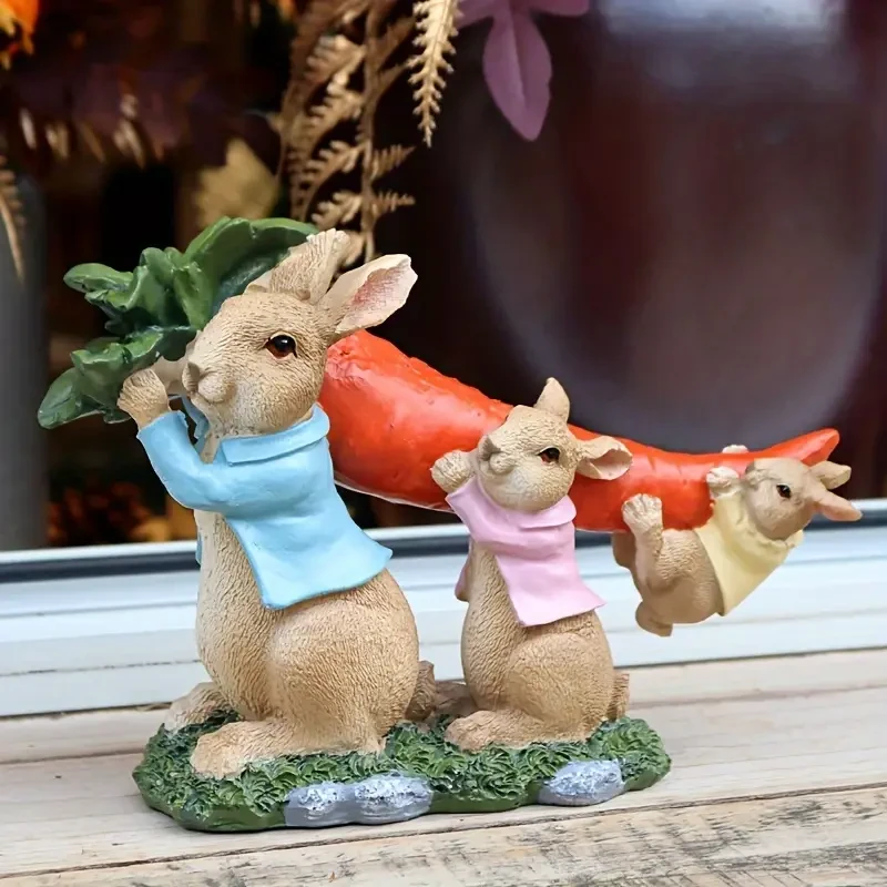 Encantadora familia de conejos con zanahoria - Estatua de resina para jardín