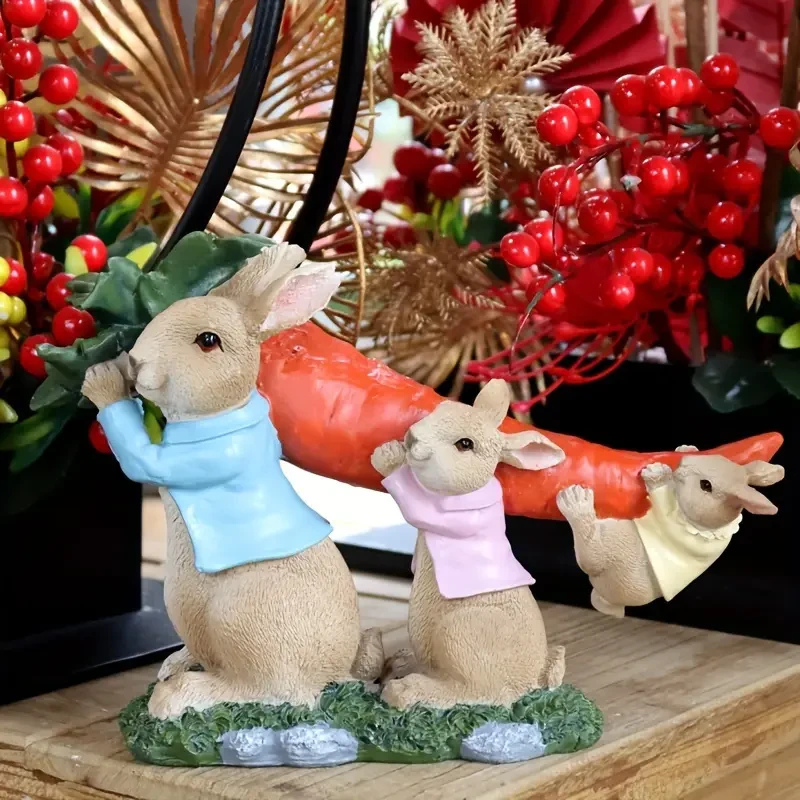 Encantadora familia de conejos con zanahoria - Estatua de resina para jardín