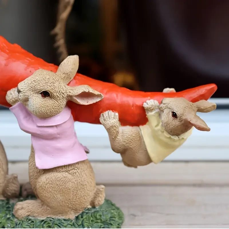 Encantadora familia de conejos con zanahoria - Estatua de resina para jardín