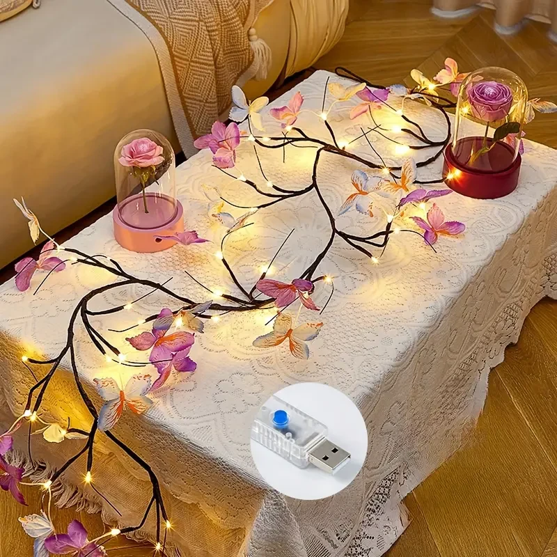 Lámpara de pared LED con forma de rama de mariposa, 129,84 cm, 30 LED, alimentada por USB